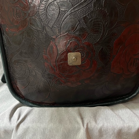 One of a Kind Handmade Rose Printed Leather Handbag Green and Red - Picture 4 of 11